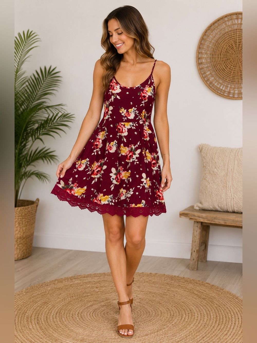 Chloe K Burgundy Floral Boho Mini Dress Women’s‎ Size S Lace Trim Strappy Back